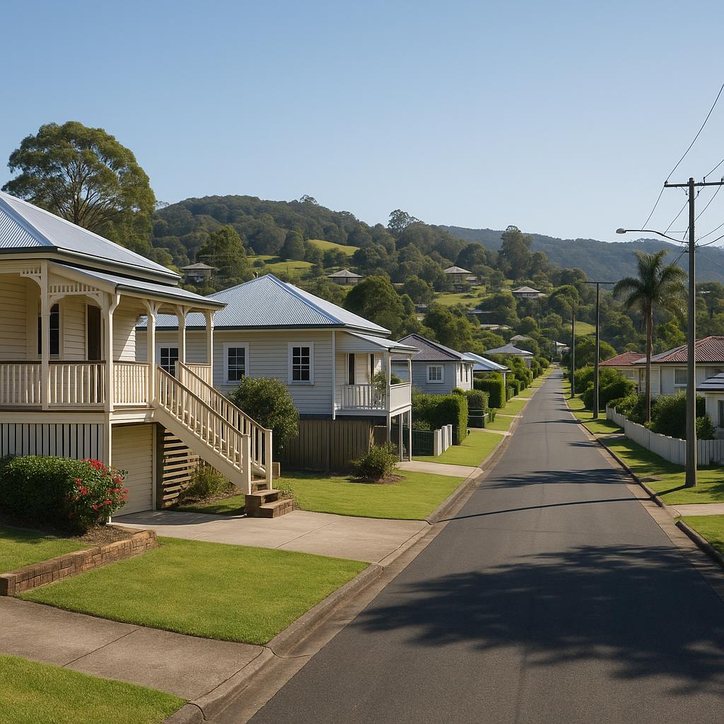 Established Sunshine Coast hinterland street with mixed homes and gentle hills