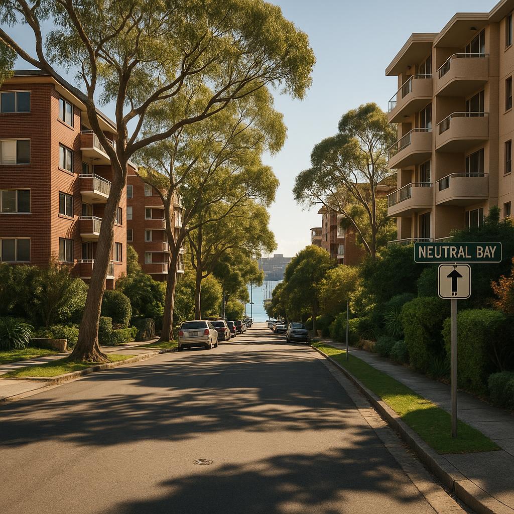 Neutral Bay streetscape with apartments and leafy urban character