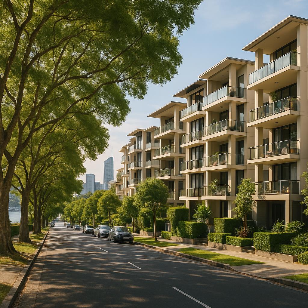 Leafy New Farm streetscape with inner-city apartment buildings