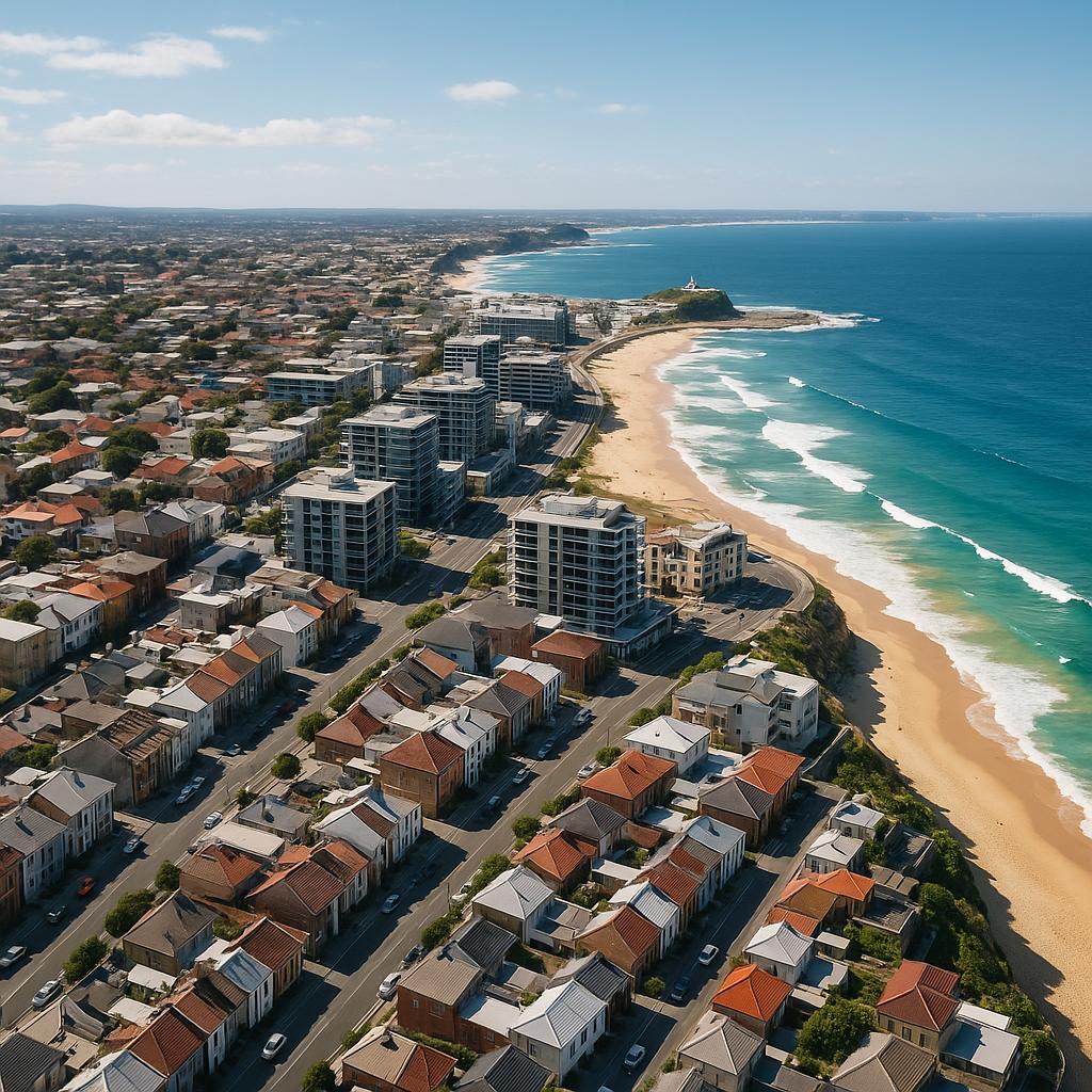 Aerial view of Newcastle NSW city fringe, coastline, and housing mix
