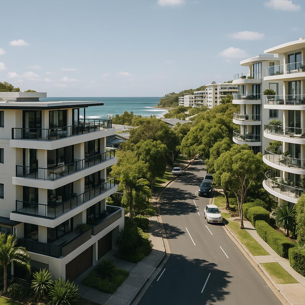 Premium Noosa Heads coastal apartments and leafy streets in bright natural light
