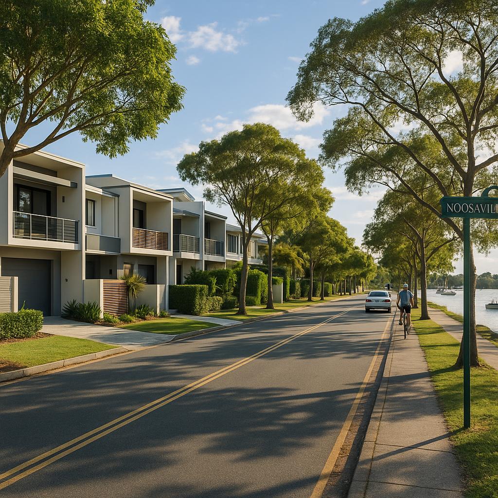 Noosaville riverside suburb street with townhouses and leafy streets