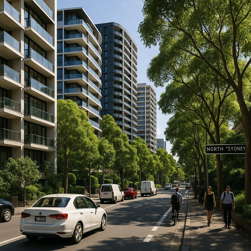 North Sydney streetscape with apartments and leafy urban surroundings