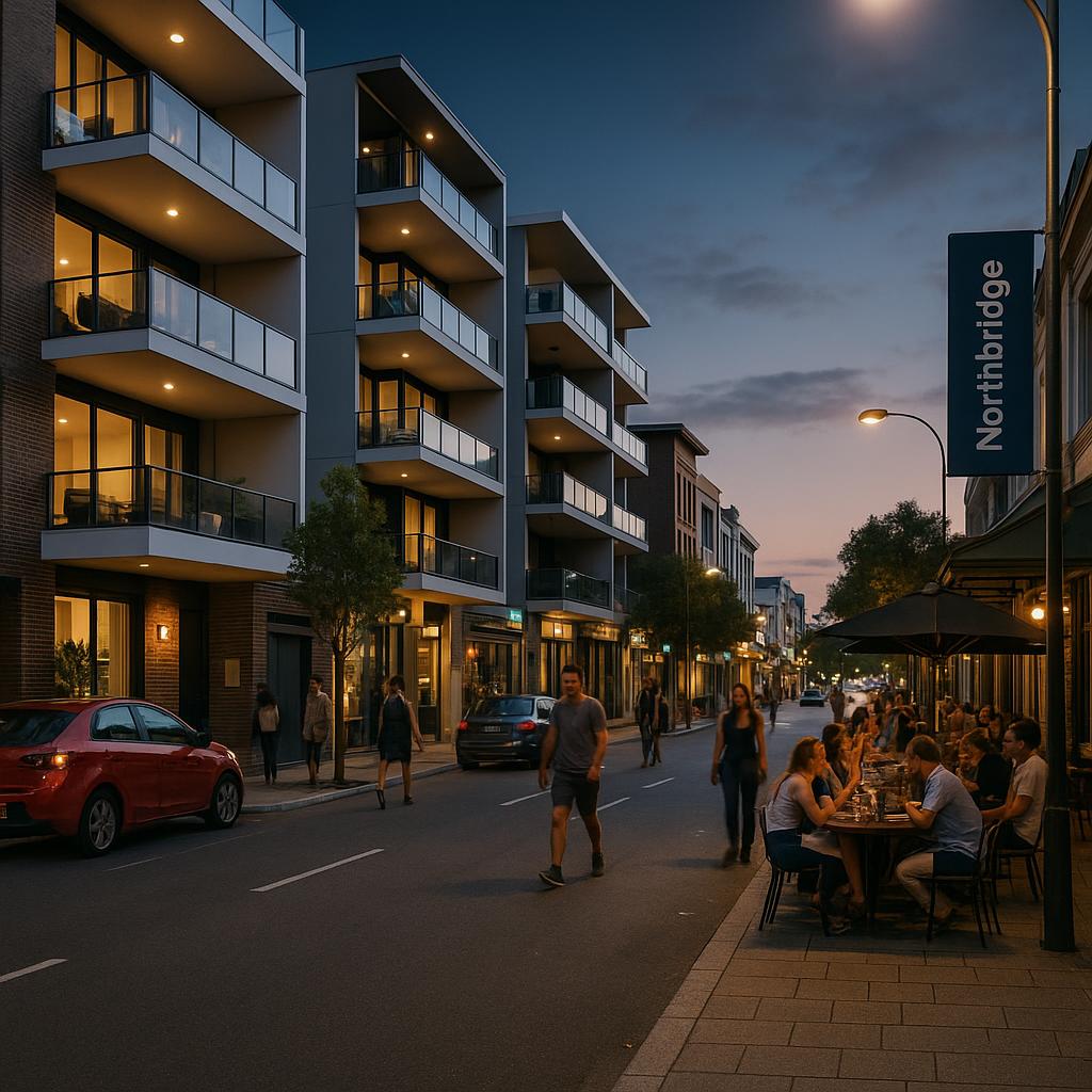 Northbridge WA inner-city streetscape with apartments and dining precinct