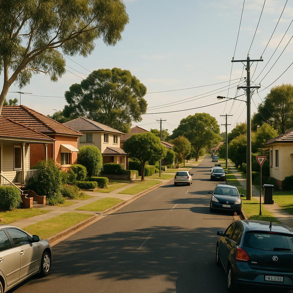 Photorealistic regional NSW suburb streetscape with detached homes and leafy streets