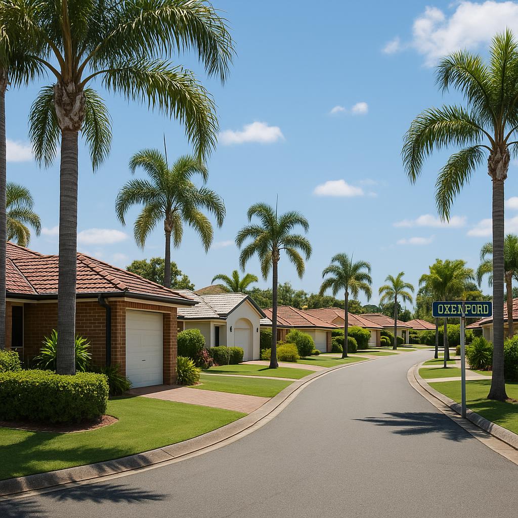 Photorealistic Oxenford suburban street with detached houses and palms