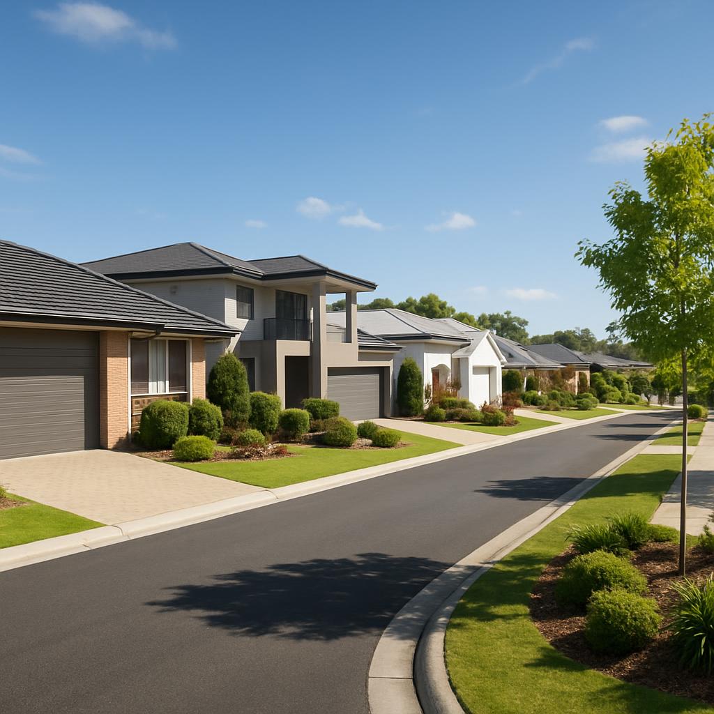Pacific Pines-style suburban street with detached family homes