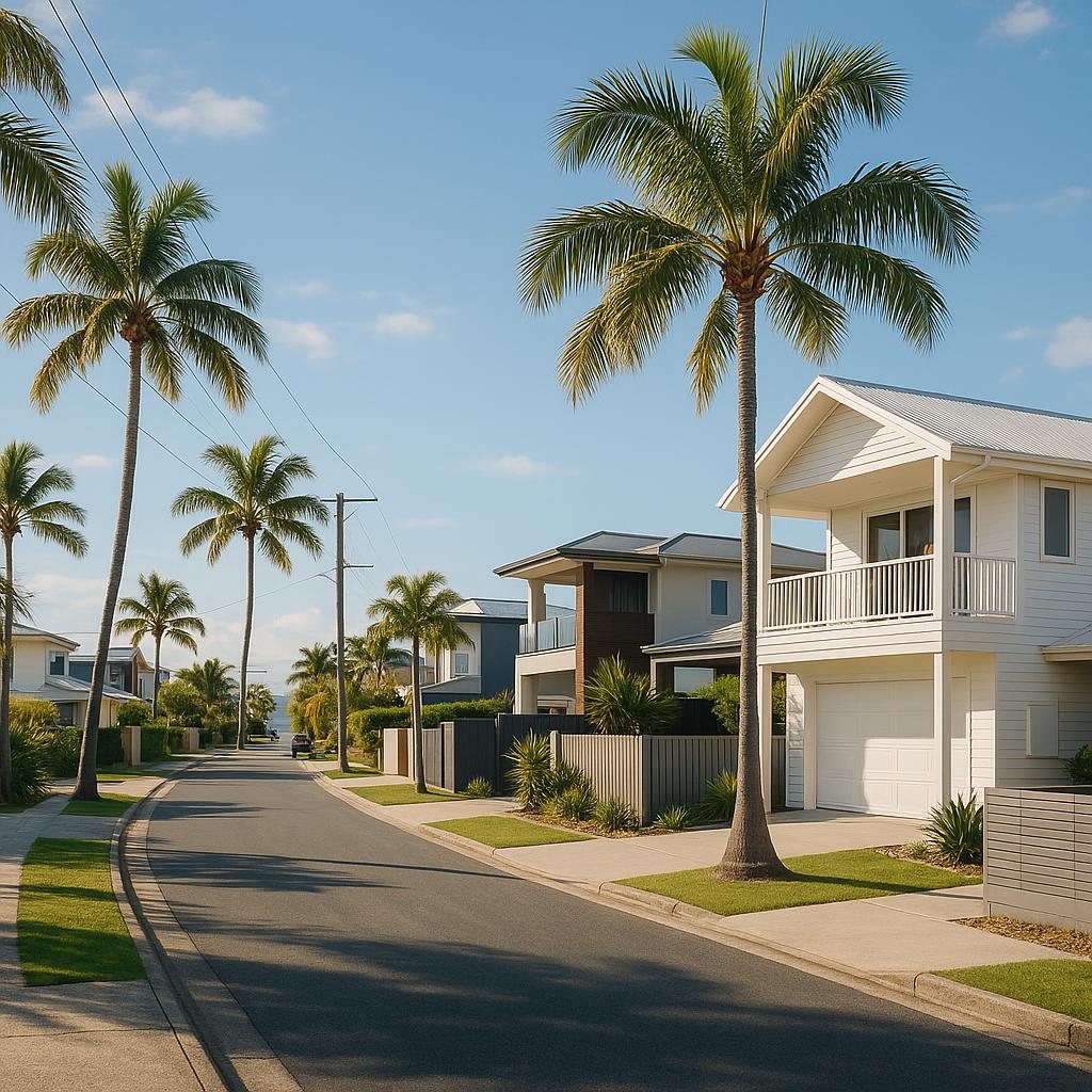 Palm Beach QLD coastal suburban streetscape with modern homes and palms