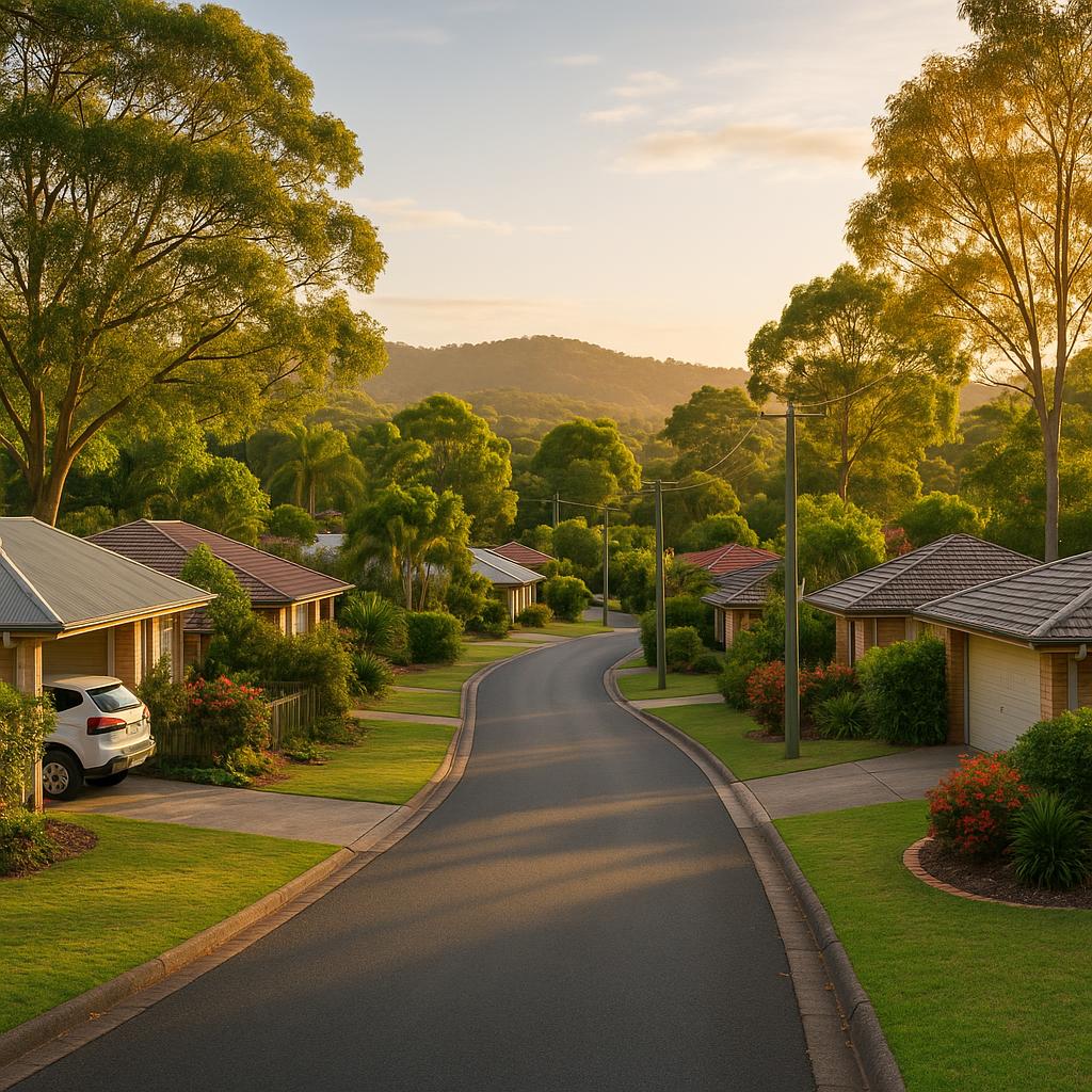 Leafy Palmwoods residential street in the Sunshine Coast hinterland