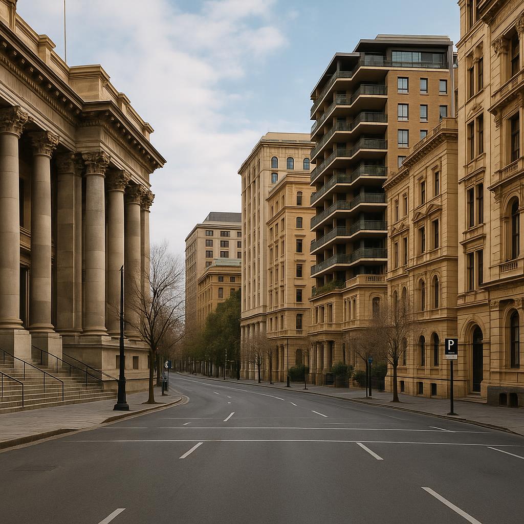 Inner-city Adelaide civic precinct near Parliament House with apartments and stone architecture