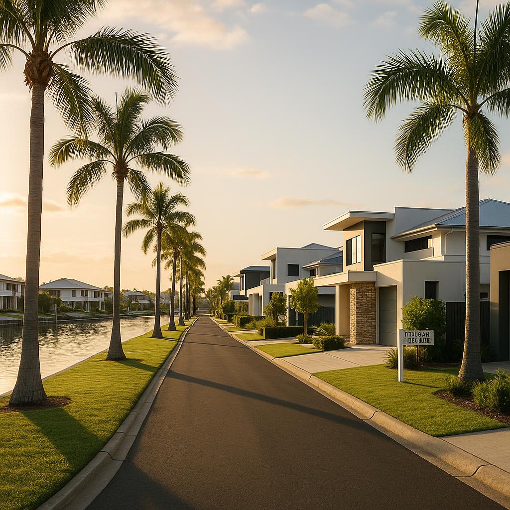 Pelican Waters canal-side streetscape with modern homes