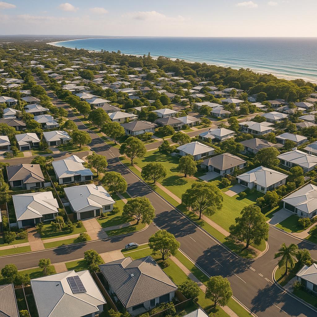Aerial view of a modern coastal-fringe suburb with homes, trees, and parkland