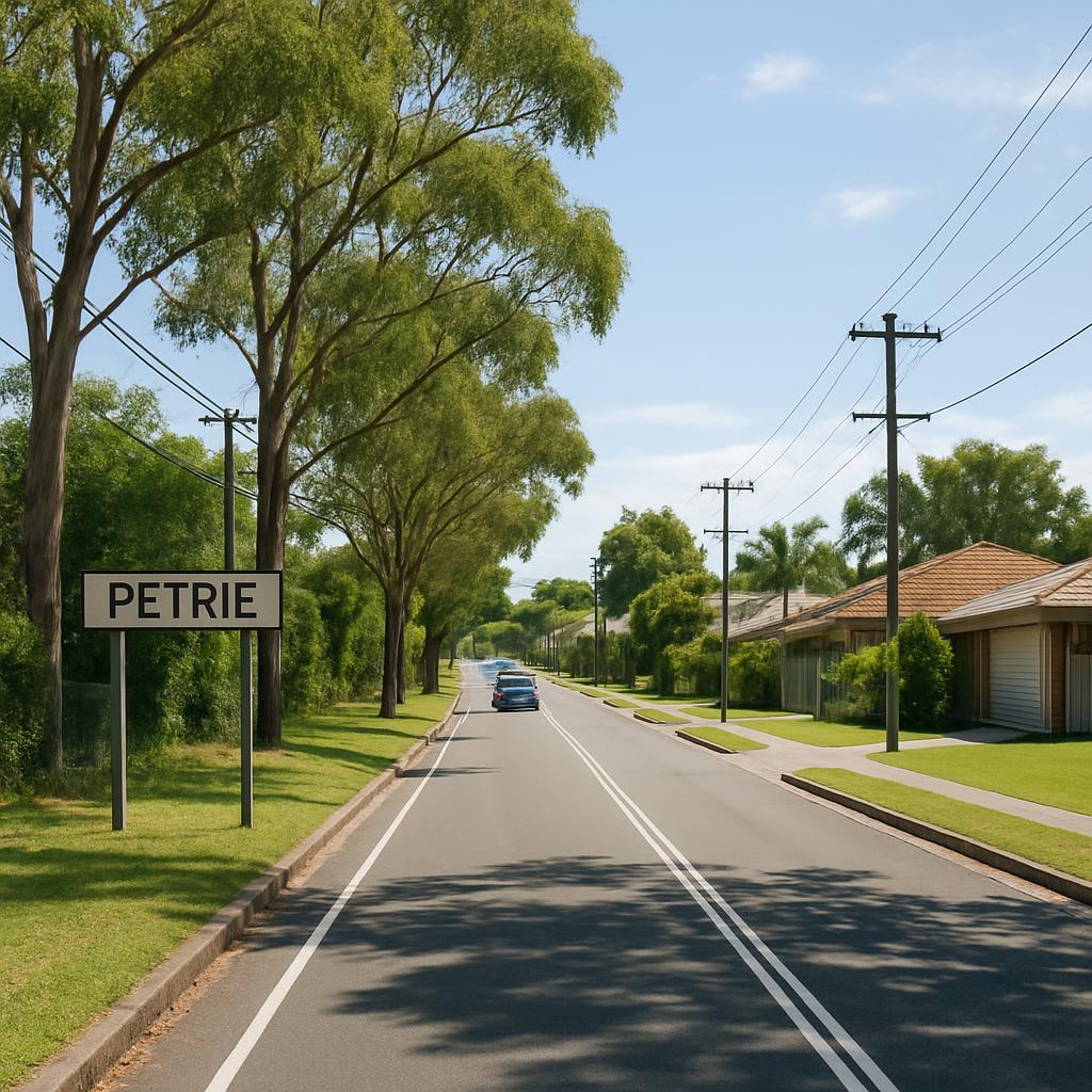 Photorealistic Petrie QLD suburban streetscape with homes near transport