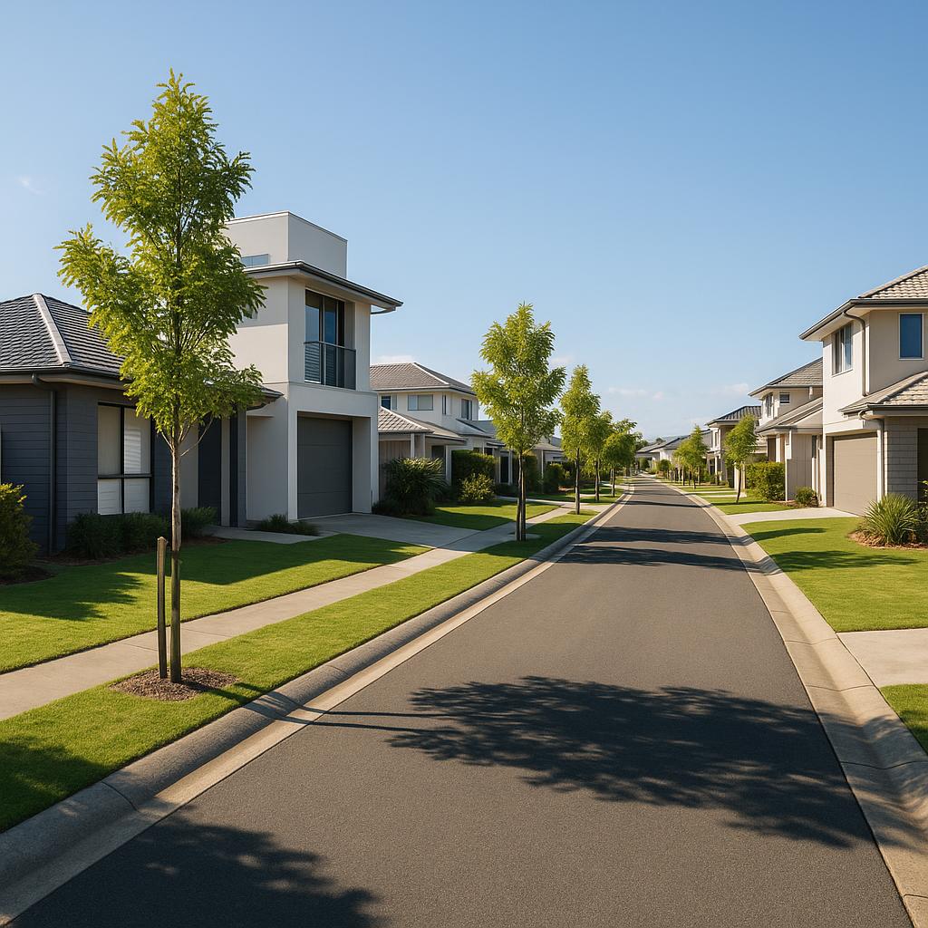 Modern suburban streetscape in Pimpama with detached homes and young landscaping
