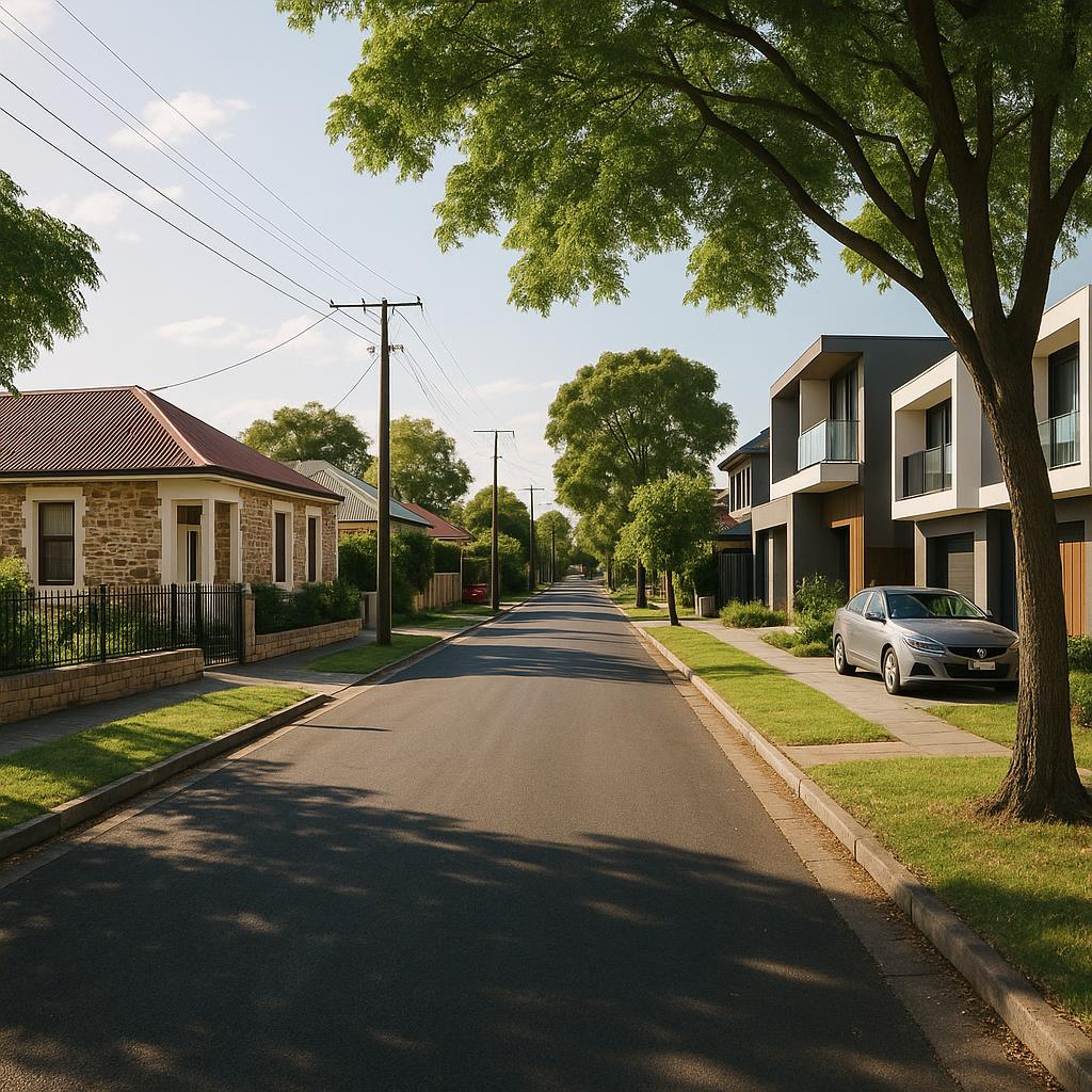 Established Adelaide suburb street with renovated homes and modern townhouses