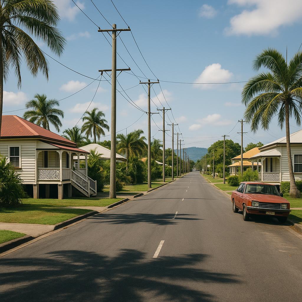 Regional North Queensland service-town streetscape with detached houses and tropical greenery