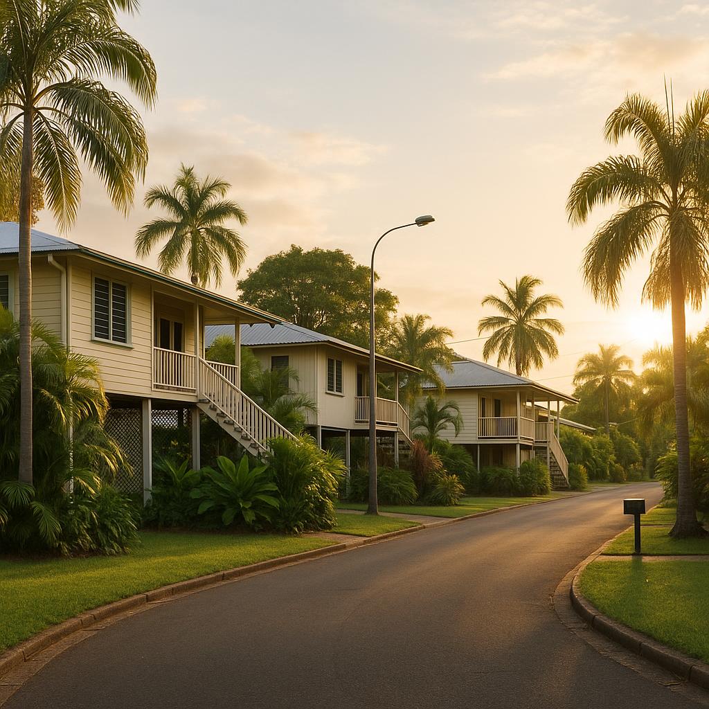Established tropical Darwin suburb streetscape near the coast