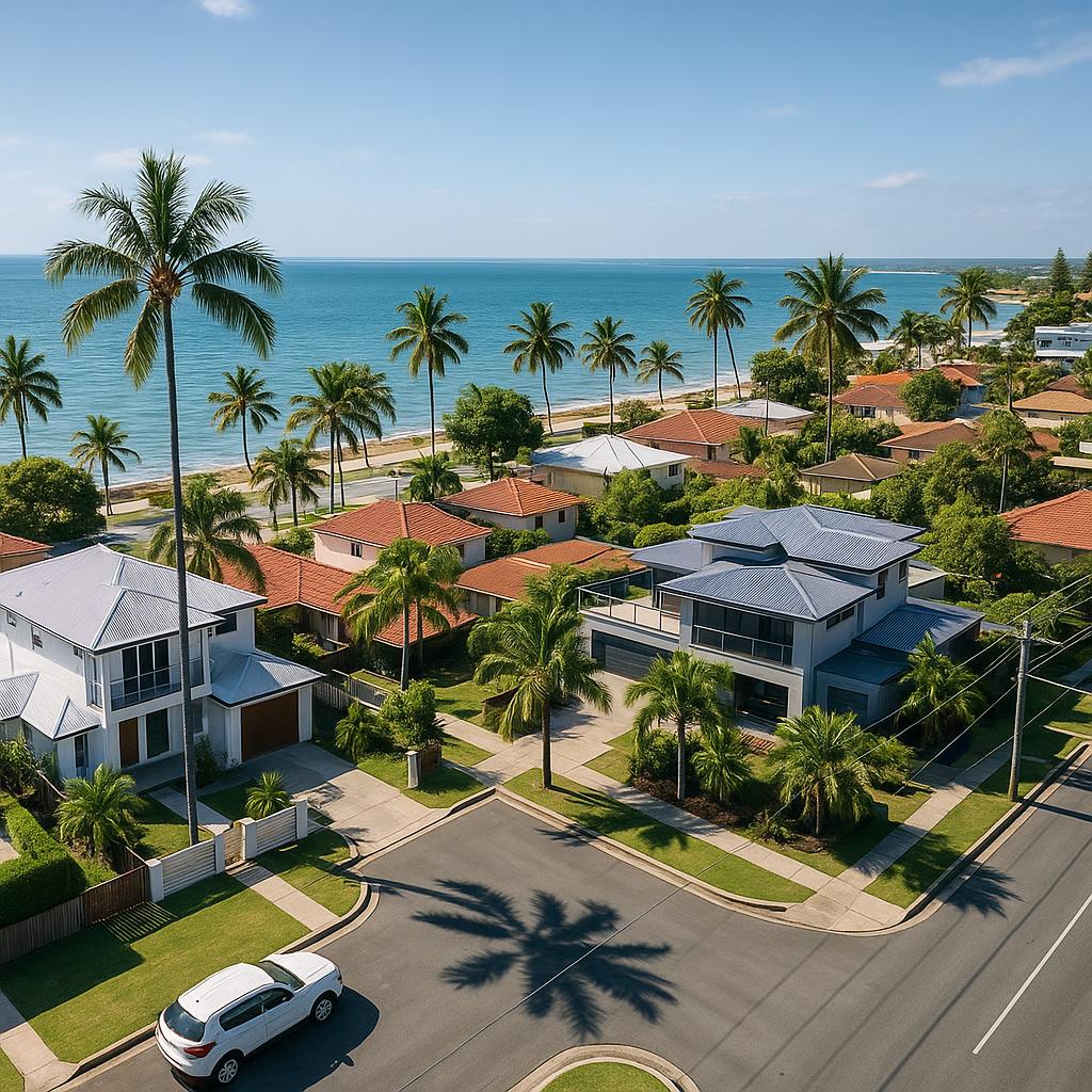 Aerial-style coastal streetscape in Redcliffe QLD with homes and bayside atmosphere