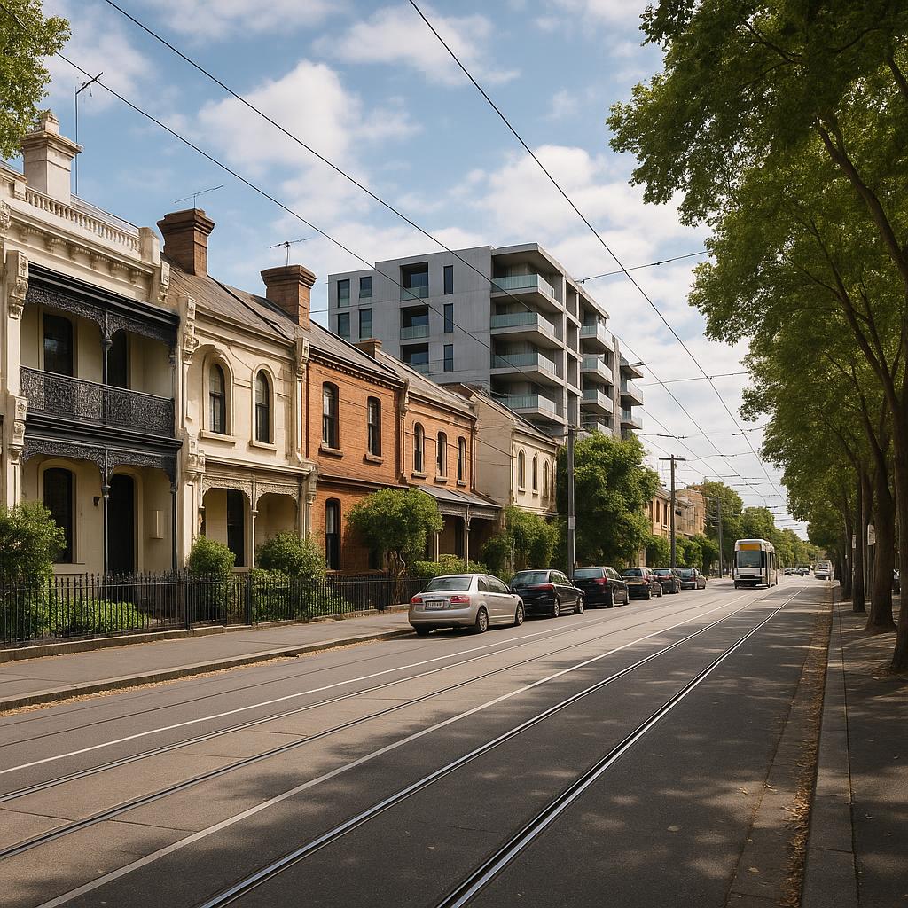 Richmond streetscape with terraces, apartments and tram lines