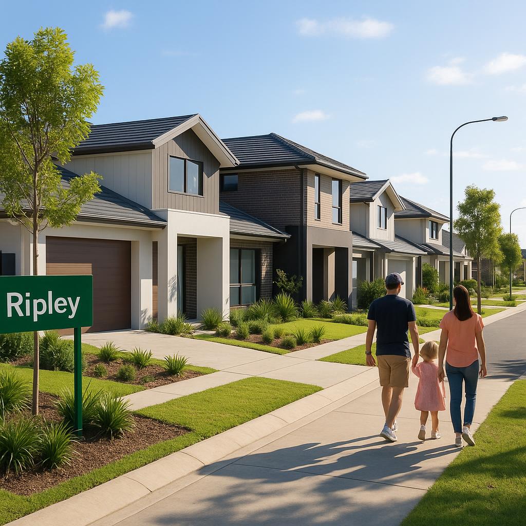 Modern Ripley Queensland streetscape with new homes in a growth corridor