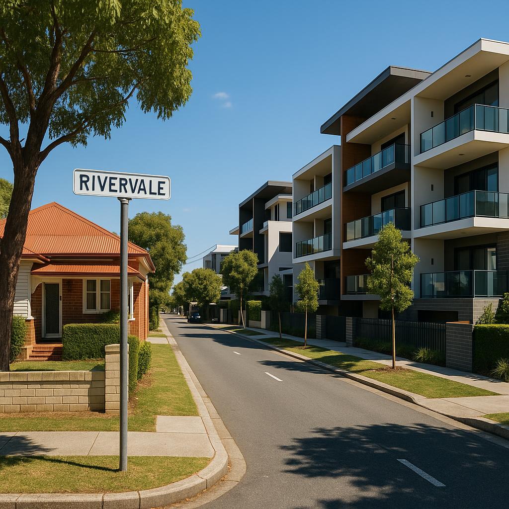 Rivervale WA streetscape with mixed housing on a sunny day