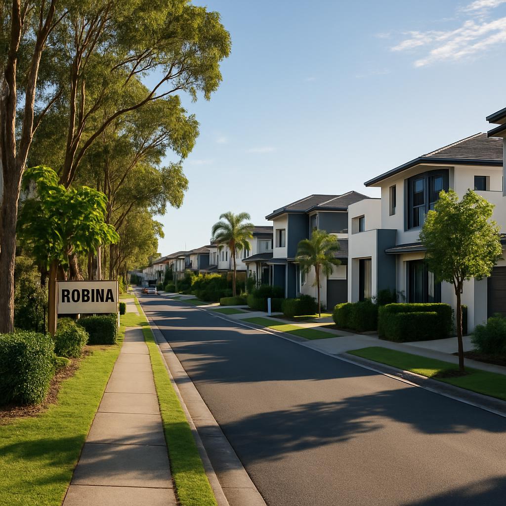 Robina QLD suburban street with modern homes and leafy footpaths