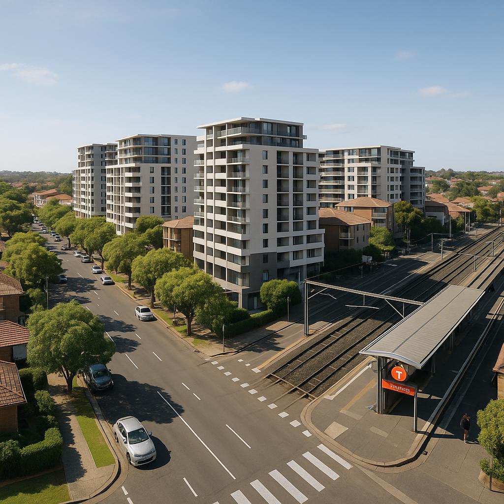 Rockdale NSW streetscape with apartments and commuter rail context