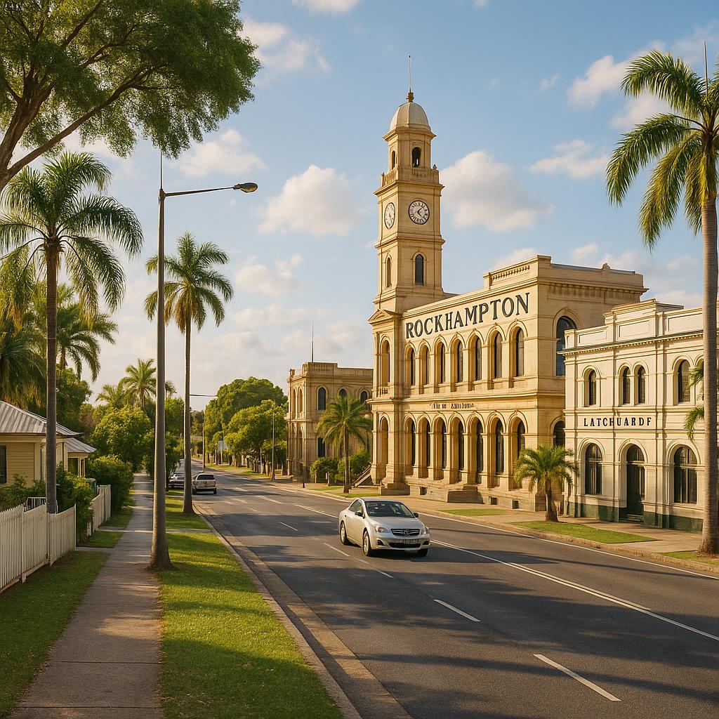 Rockhampton City streetscape with established buildings and residential character