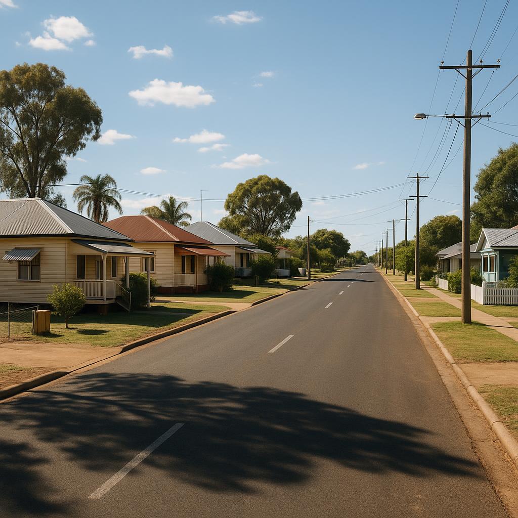 Regional Queensland street scene showing practical houses and wide streets in Roma