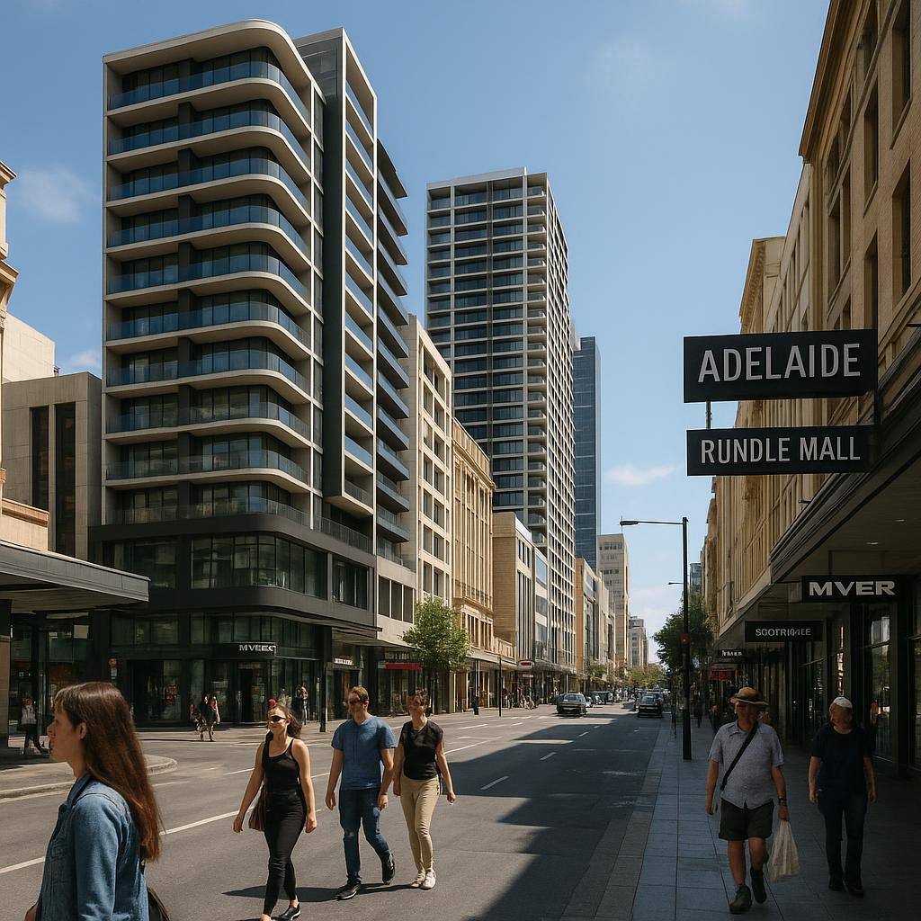 Adelaide CBD streetscape near Rundle Mall with apartments and pedestrians