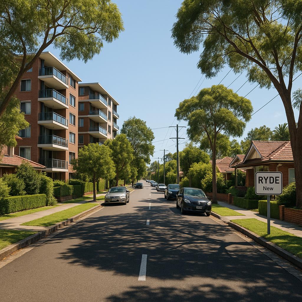 Established Ryde NSW streetscape with apartments and leafy homes