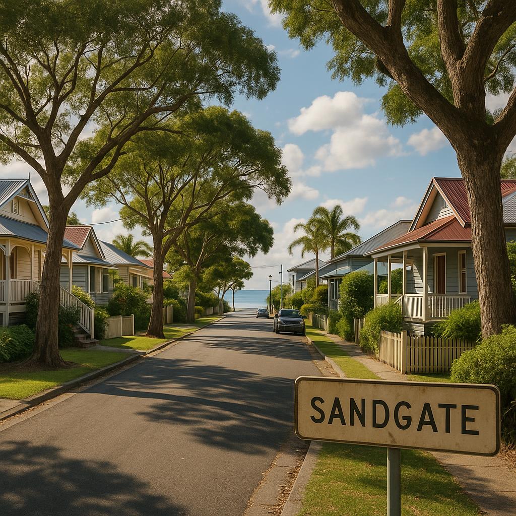 Sandgate bayside streetscape with character homes and leafy streets