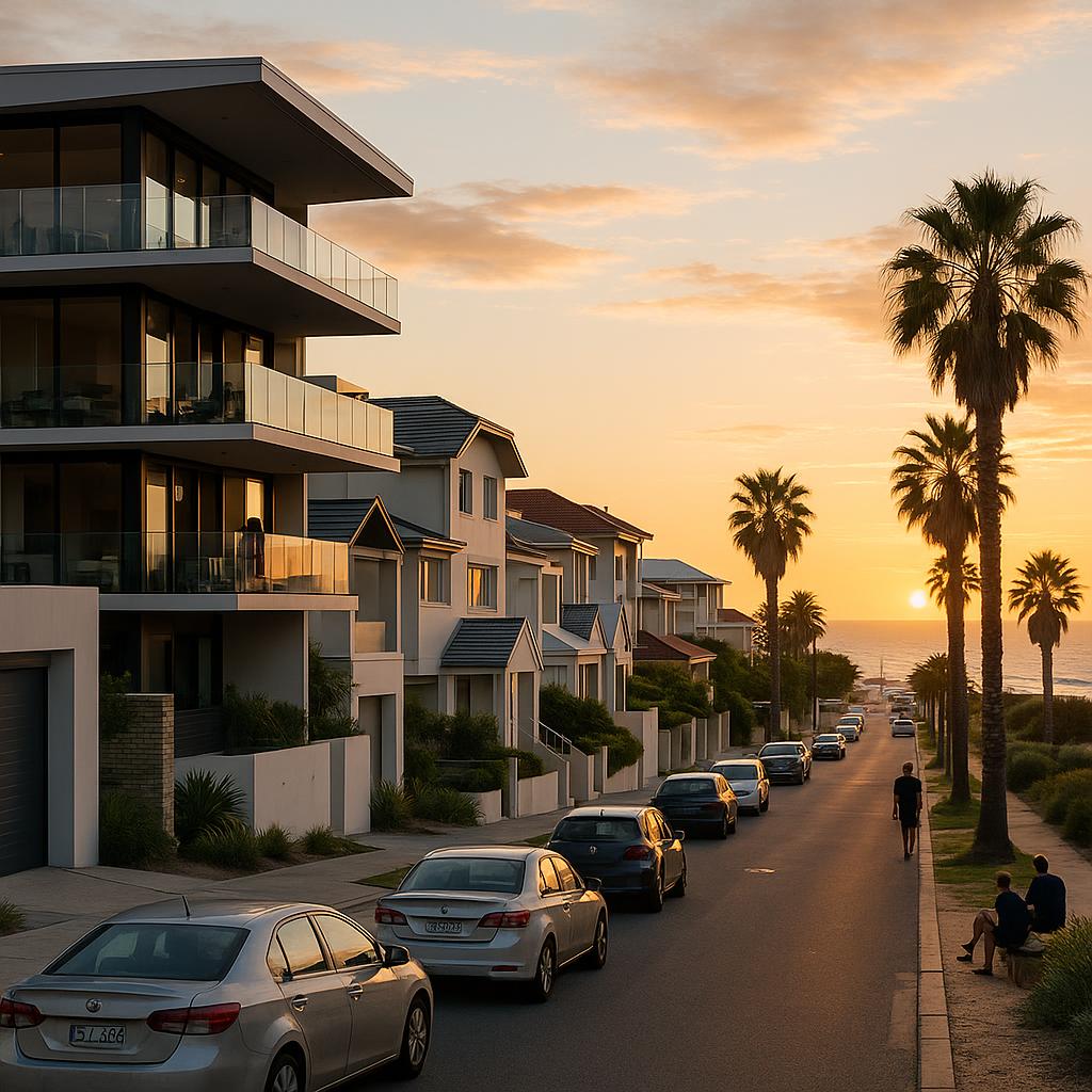 Scarborough WA coastal suburb streetscape with apartments and townhouses near the beach