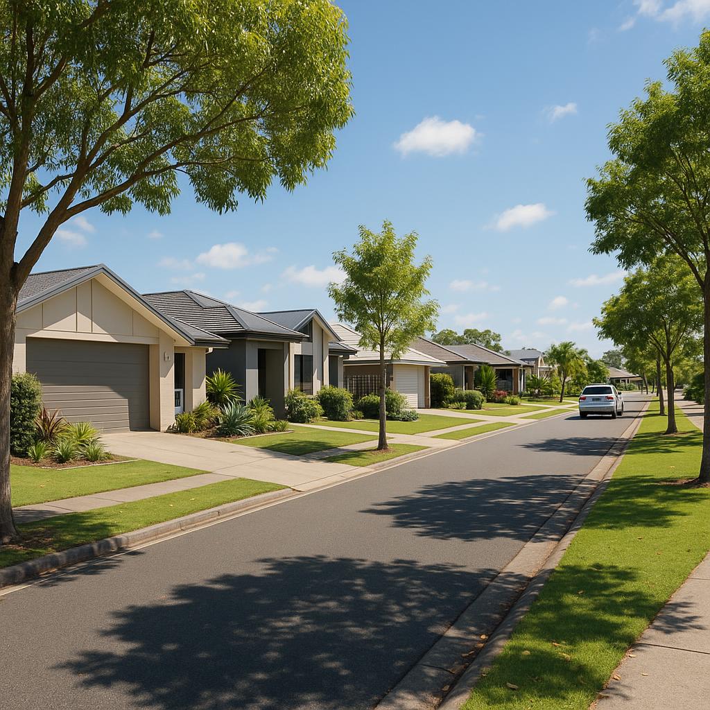 Modern suburban street in Sippy Downs with family homes and leafy verges