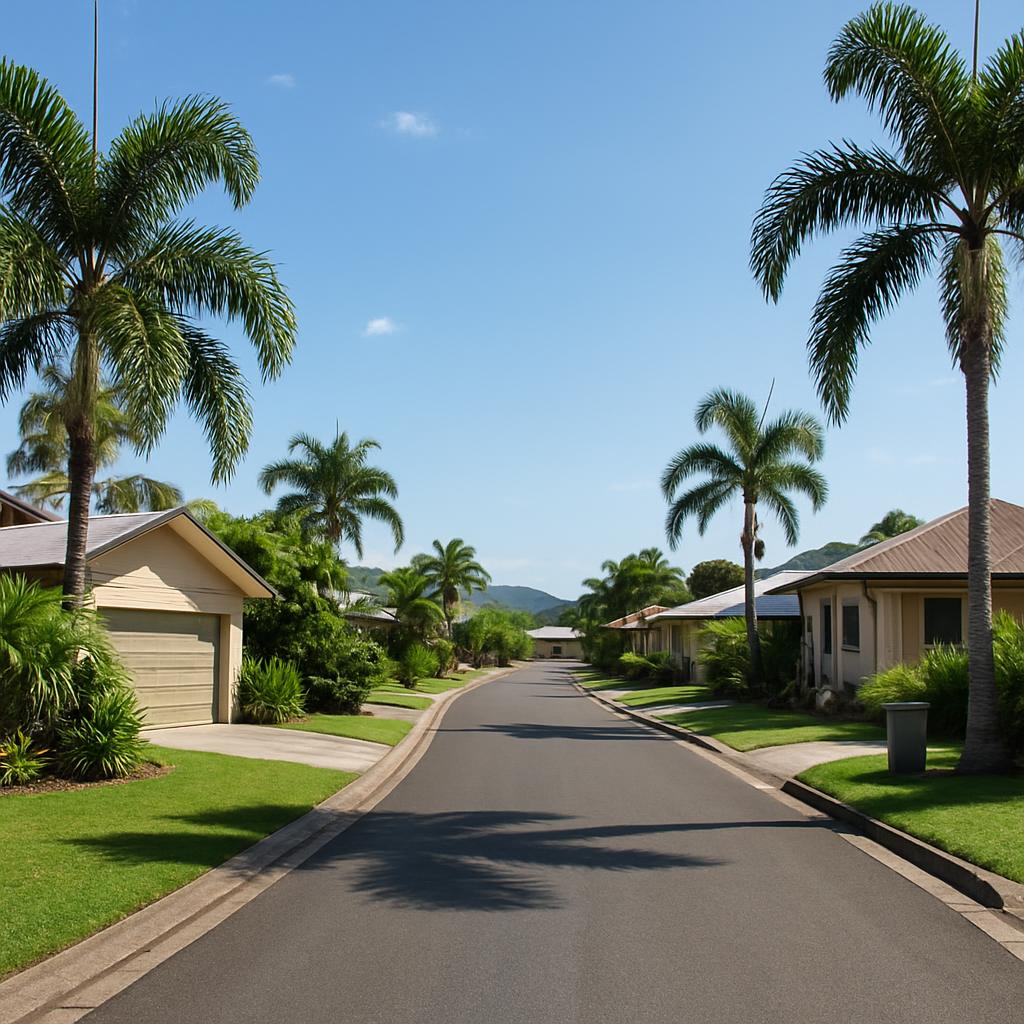 Smithfield-style Cairns northern suburb street with tropical homes and greenery