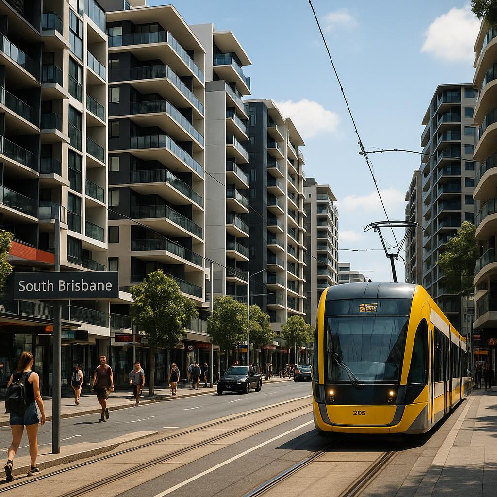 South Brisbane inner-city apartment streetscape with urban transport feel