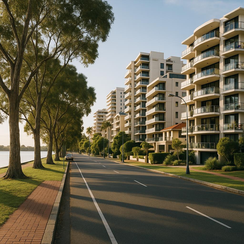 South Perth riverside streetscape with apartments and trees