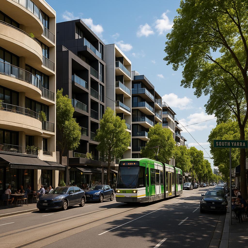 South Yarra streetscape with apartments, trees, cafes, and tram access