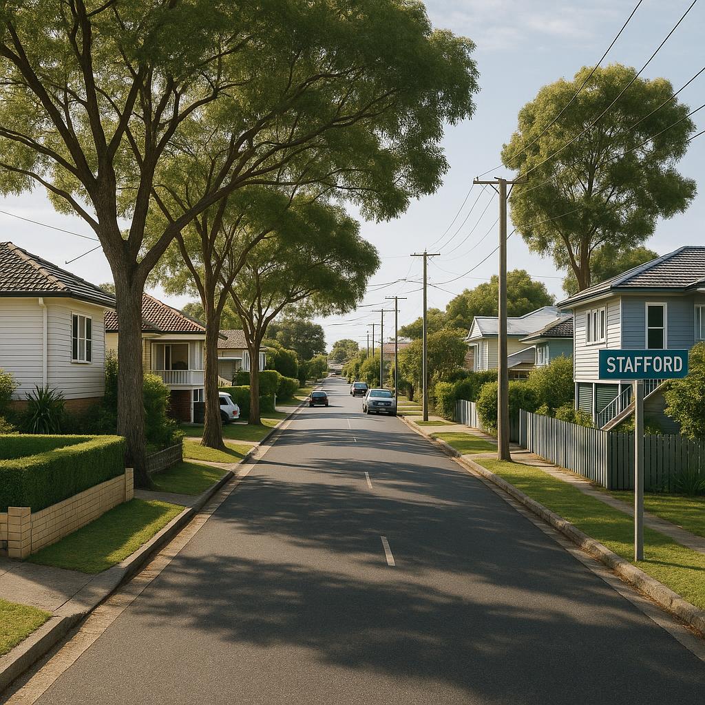 Stafford QLD suburban street with established homes and mature trees