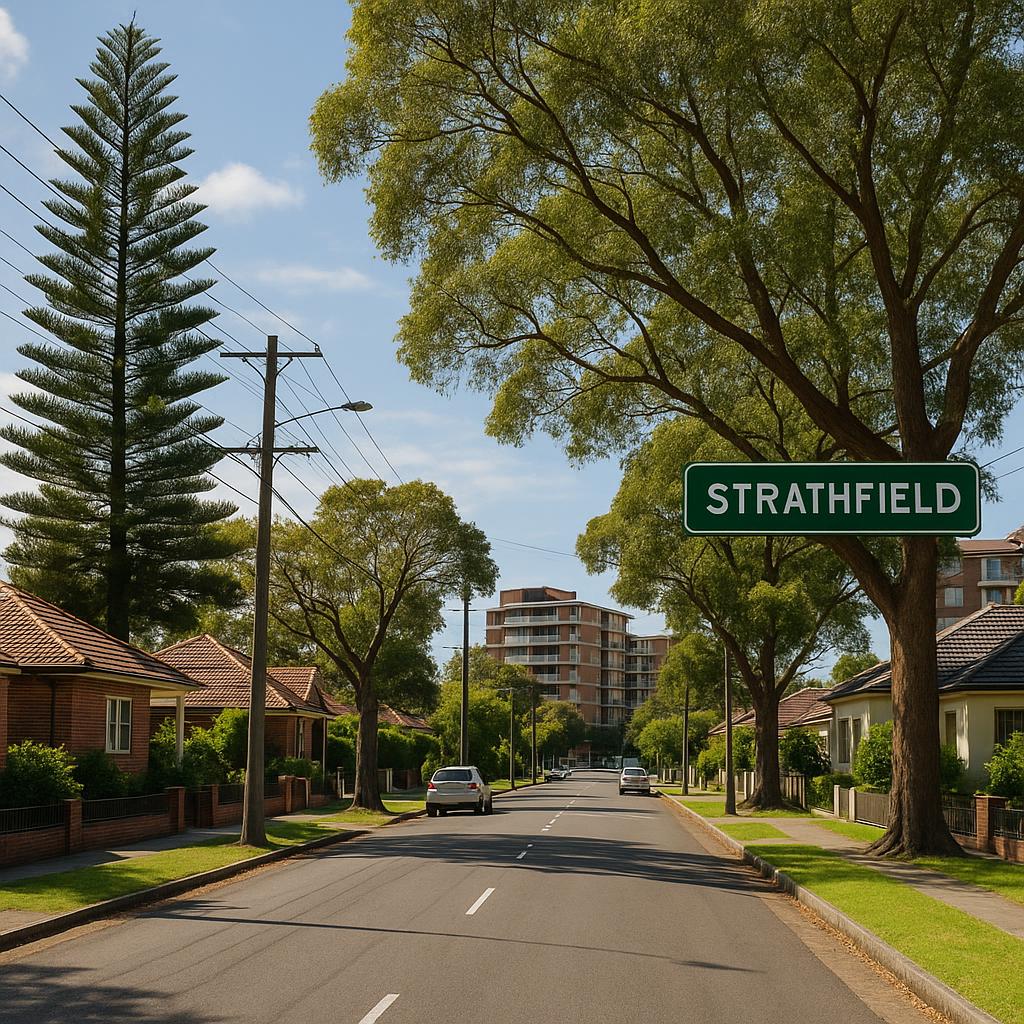 Strathfield NSW established inner-west streetscape with homes and apartments