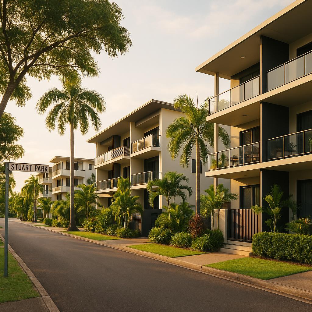 Inner Darwin streetscape with low-rise apartments and tropical greenery in Stuart Park
