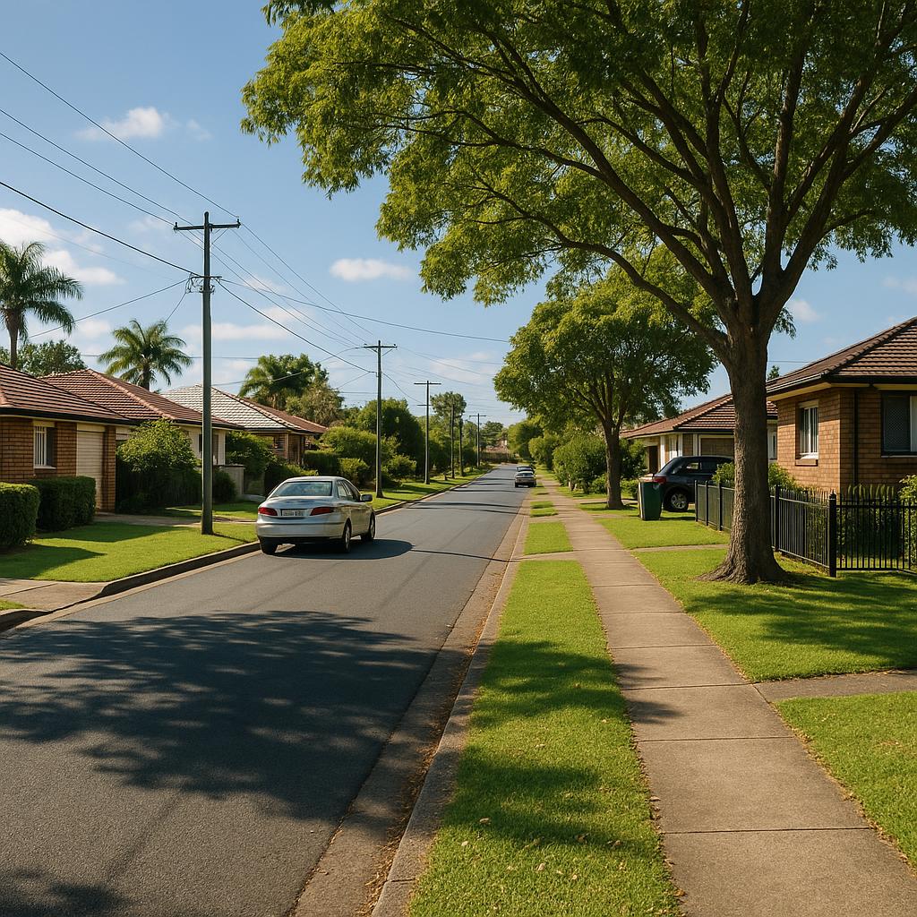 Sunnybank suburban street with established homes and leafy verge