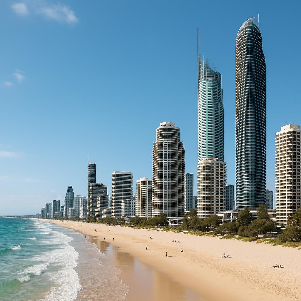 Surfers Paradise high-rise skyline beside the beach on the Gold Coast