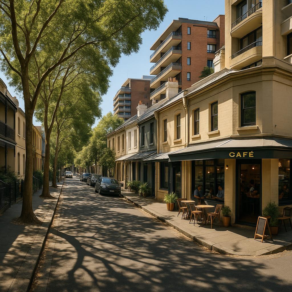 Surry Hills street with terraces, apartments and cafe frontage in inner Sydney