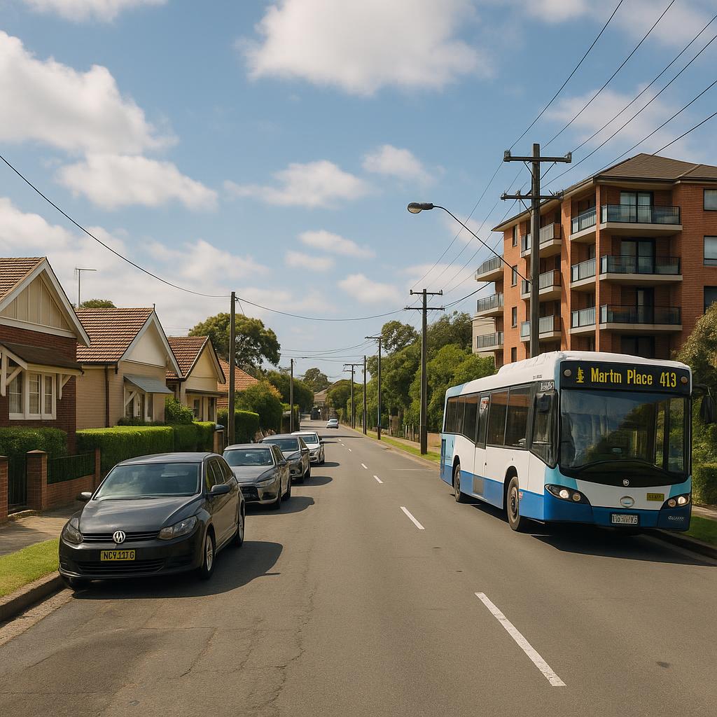 Sydney suburban streetscape with mixed housing and transport context