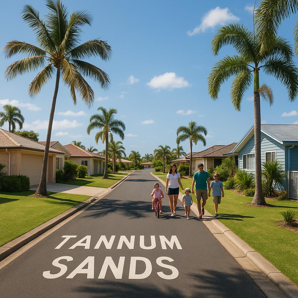 Coastal Tannum Sands street with detached homes and tropical greenery
