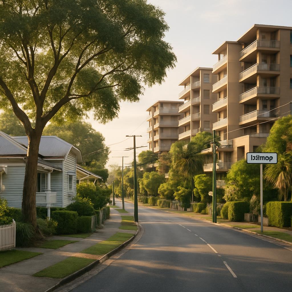 Leafy Taringa streetscape with homes and apartments in inner-west Brisbane