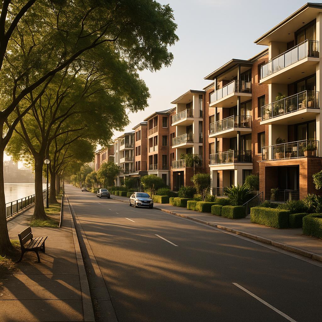Teneriffe riverside apartment streetscape in Brisbane