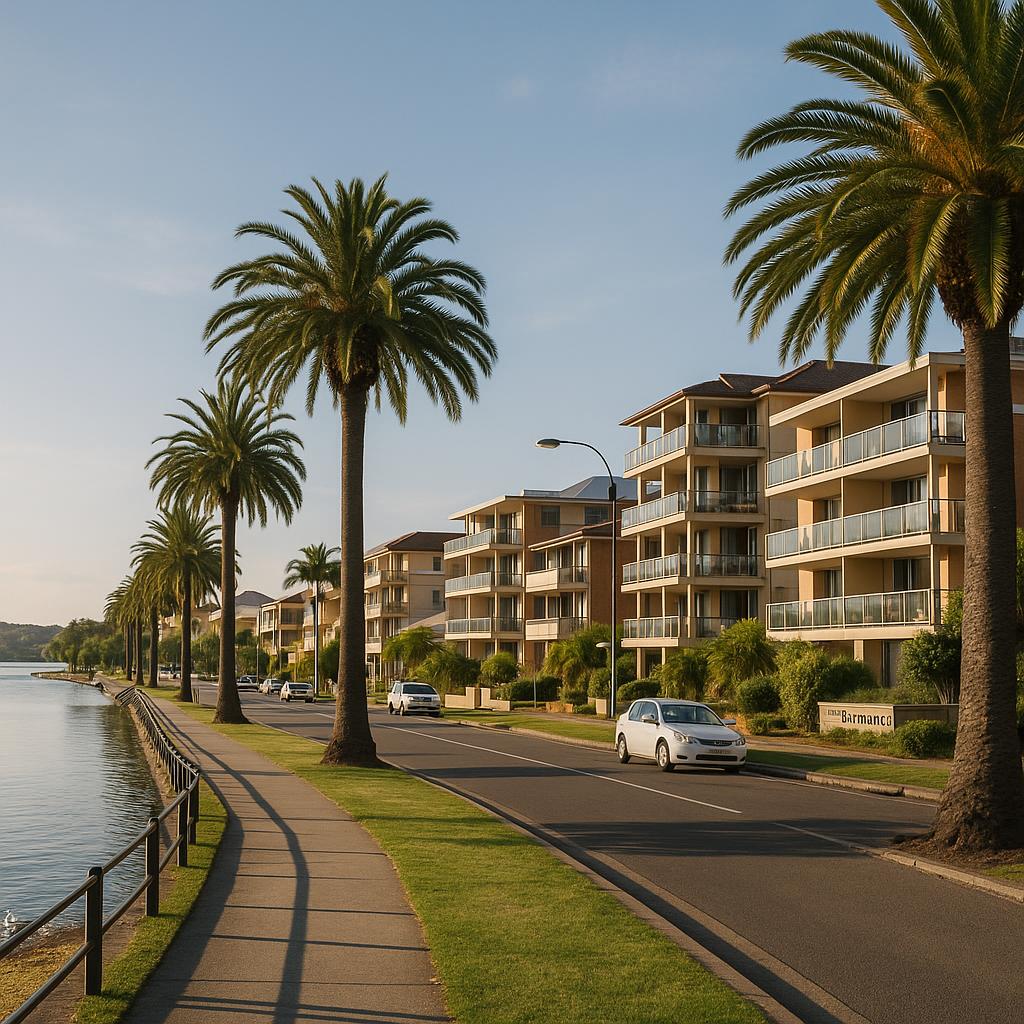 The Entrance NSW lakeside foreshore with low-rise apartments and palm trees