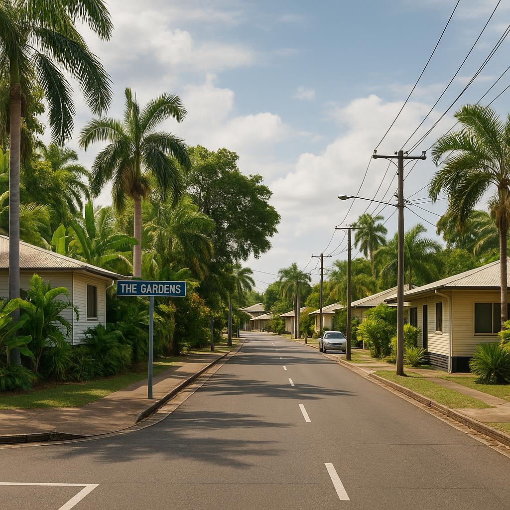 The Gardens NT streetscape with tropical greenery and low-rise homes